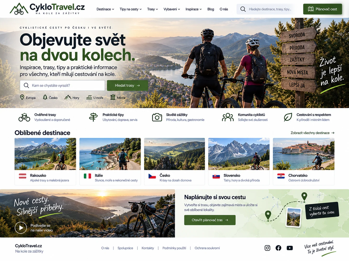 Ilustrační návrh cestovatelského webu CykloTravel.cz s trasami a cyklistickými destinacemi
